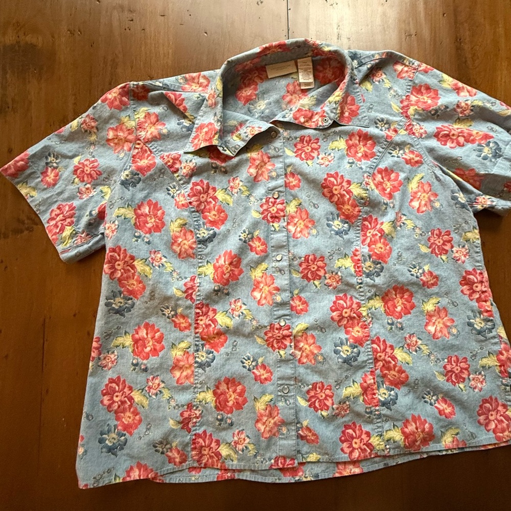 Vintage Liz Claiborne Blue Chambray Floral Blouse